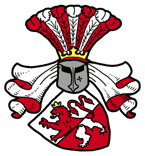 The Lionstone crest: a crowned lion rampant shield with helm and mantling